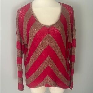 Splendid Magenta and Lt Brown V-Neck Sweater with Striped Pattern